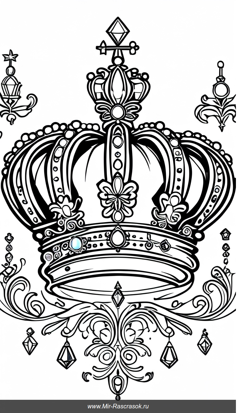 Раскраска Королевская Корона с Изящными Камнями и Узорами