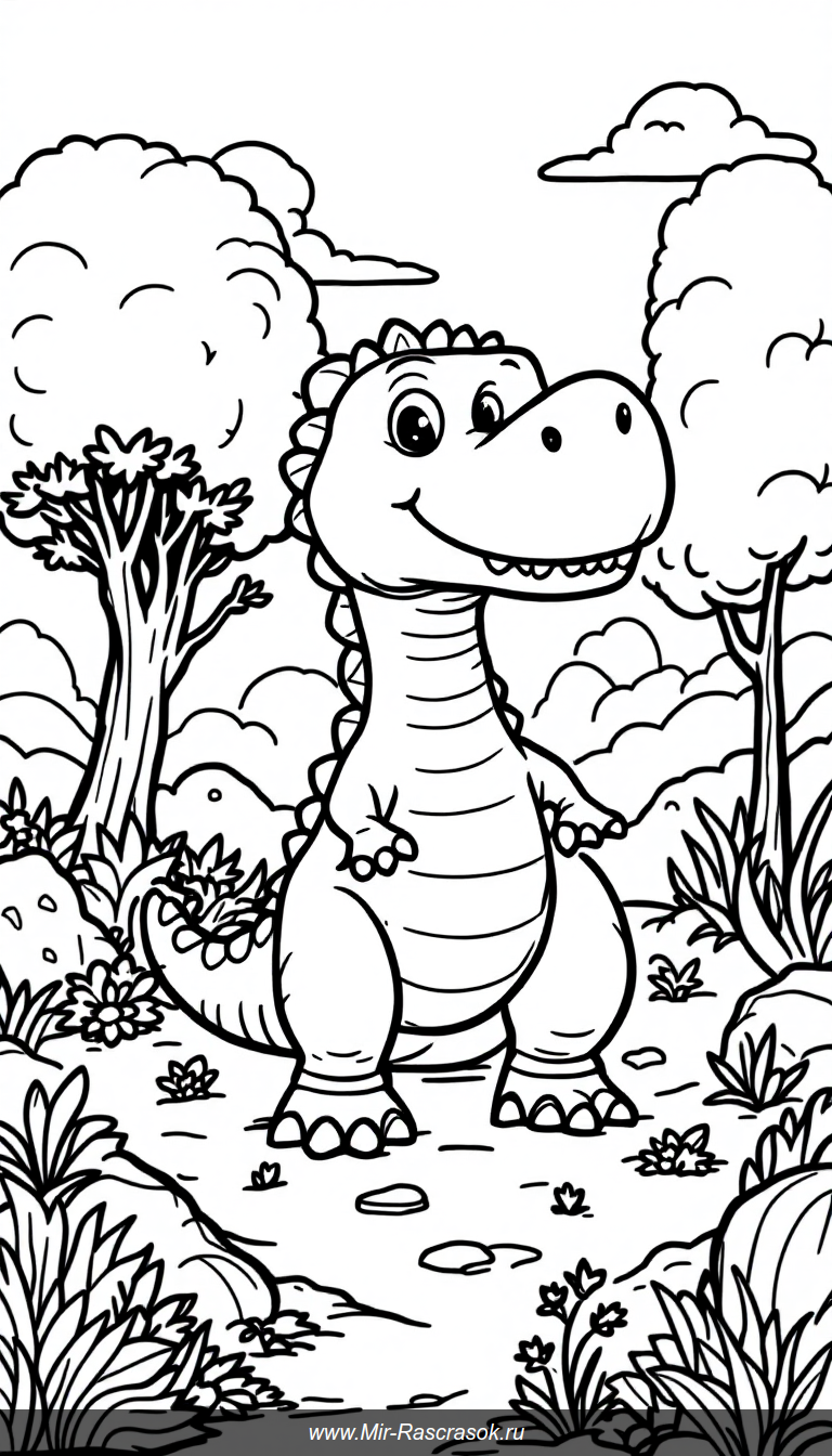 Дружелюбный Тираннозавр для детской раскраски