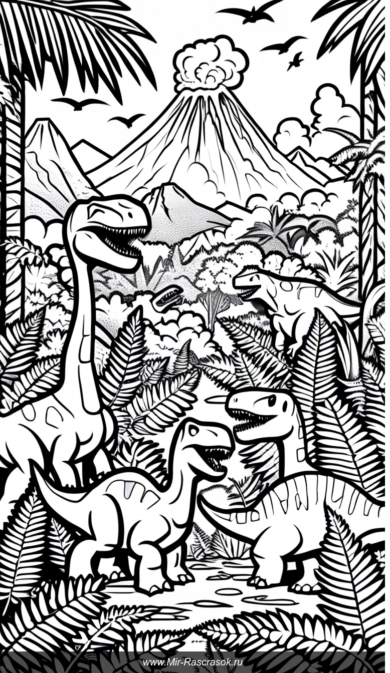 Раскраска с динозаврами в доисторическом джунглях вулканах и горах в стиле линейного рисунка