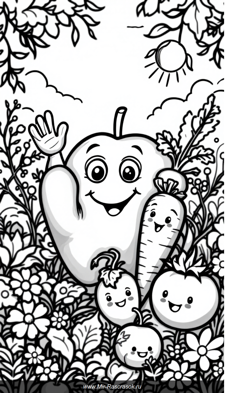 Веселый сад с улыбающимися овощами и фруктами для раскраски детей