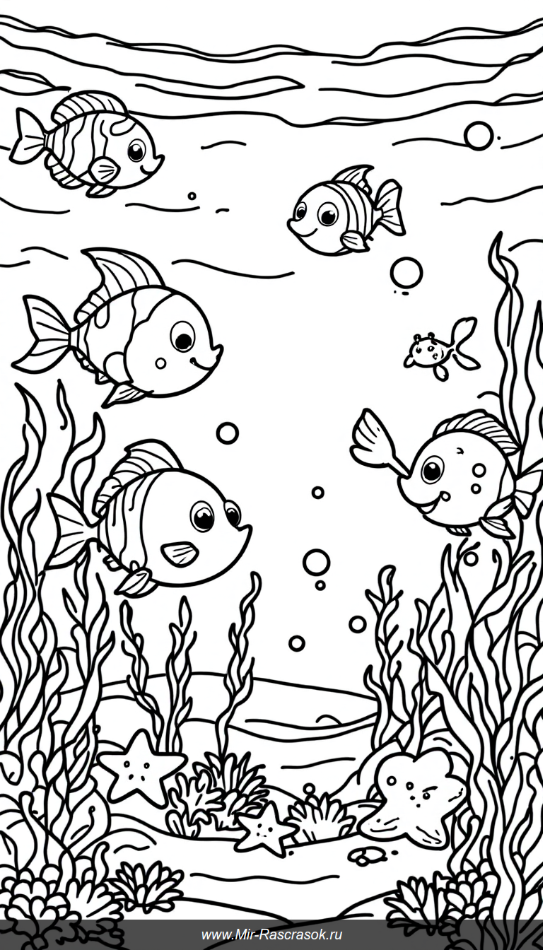 Веселый подводный мир для детской раскраски с дружелюбными рыбками и крабом