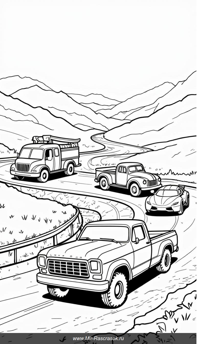 Раскраска с машинками и грузовиками на дороге