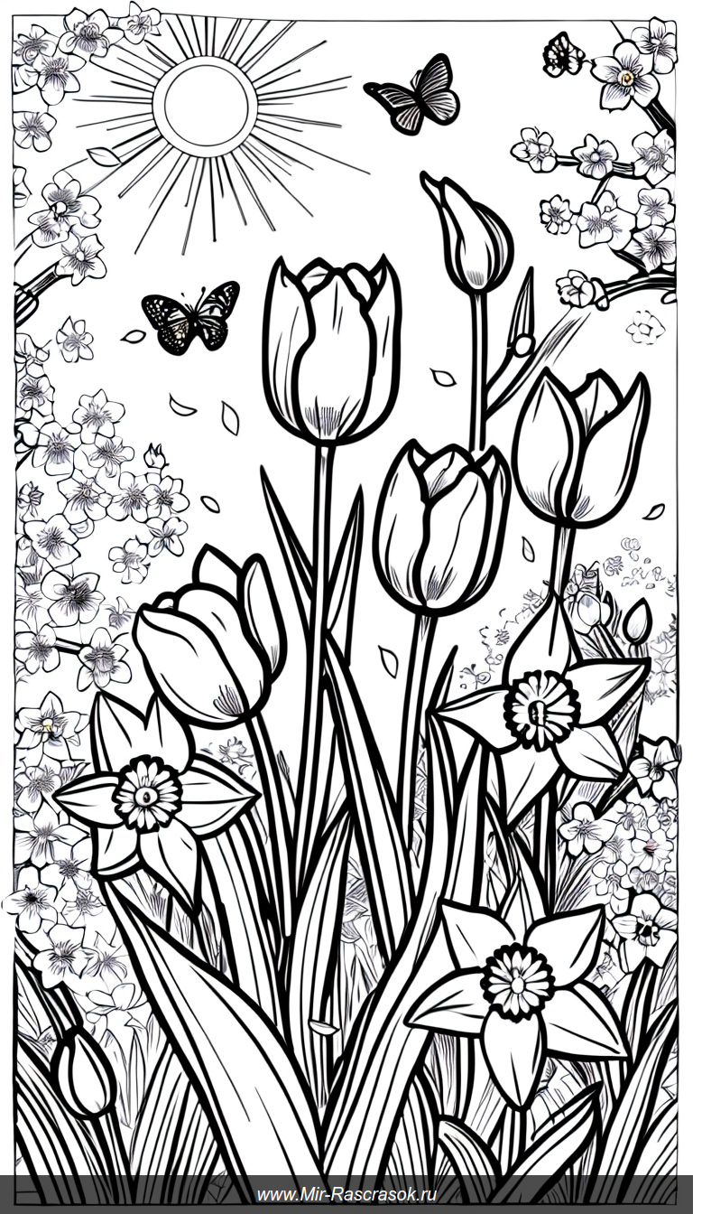 Весенний сад для раскраски с тюльпанами бабочками и солнцем