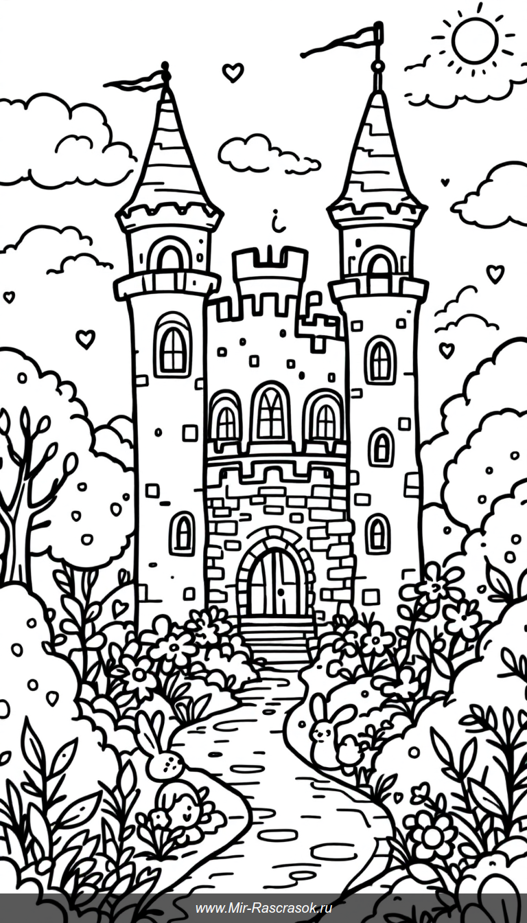 Погрузитесь в мир веселых замков с нашей раскраской для детей 🏰🐰☀️ Простые и дружелюбные рисунки помогут развить творческие способности и сделают времяпрепровождение ярким и увлекательным 🎨 Отлично подходит для малышей и начинающих художников 🎉