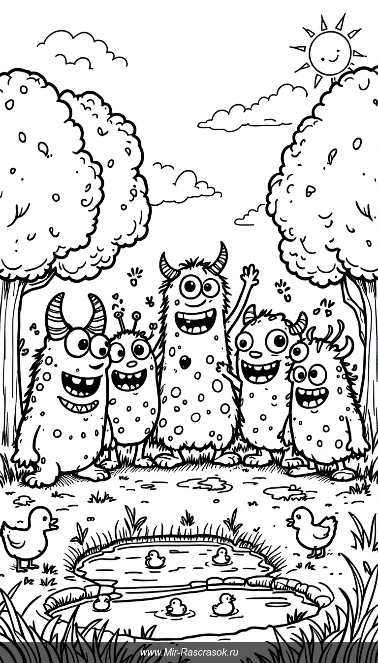 Весёлые монстры на нашей раскраске помогут детям развить фантазию и творческие навыки 🌈🖍️ Простые и дружелюбные персонажи с большими глазами и улыбками делают процесс раскрашивания увлекательным и радостным 🎨🧡 Идеально подходит для малышей и школьников, желающих весело провести время с любимыми забавными монстрами 👾🌟