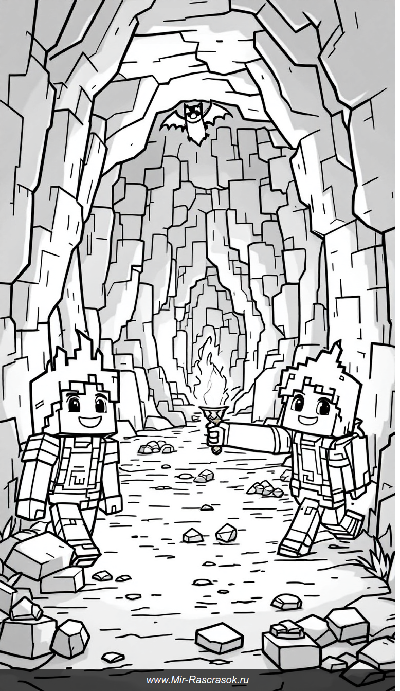 Весёлые дети исследуют пещеру в стиле Minecraft для раскрашивания