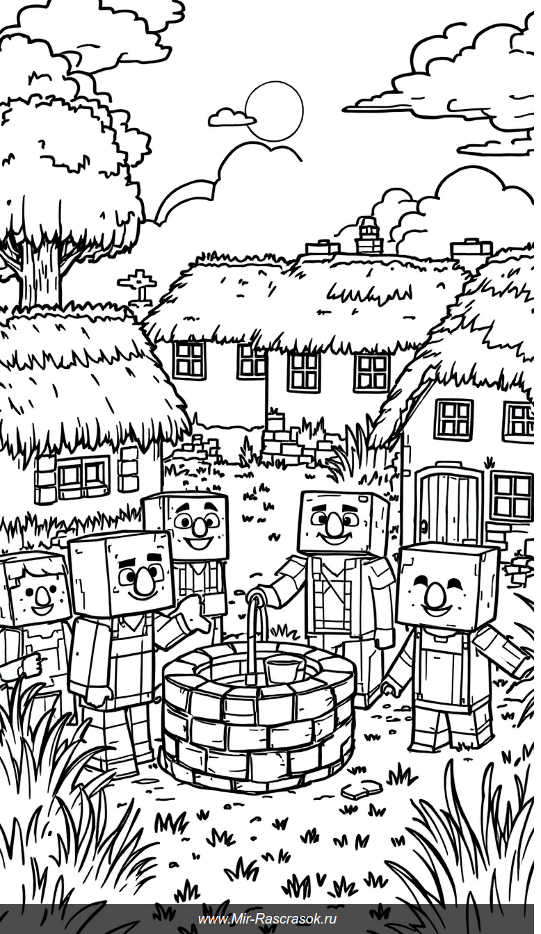 Дружелюбная деревня Майнкрафт раскраска для детей