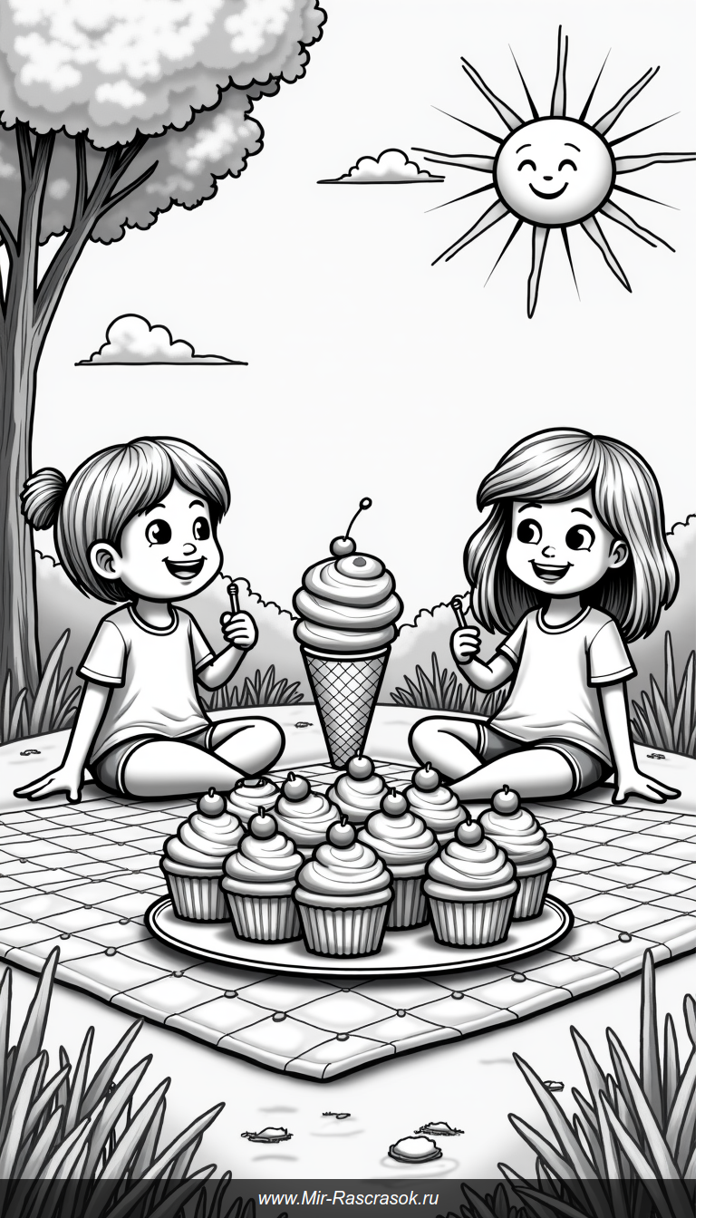 Веселый пикник раскраска с кексами мороженым и улыбающимися детьми