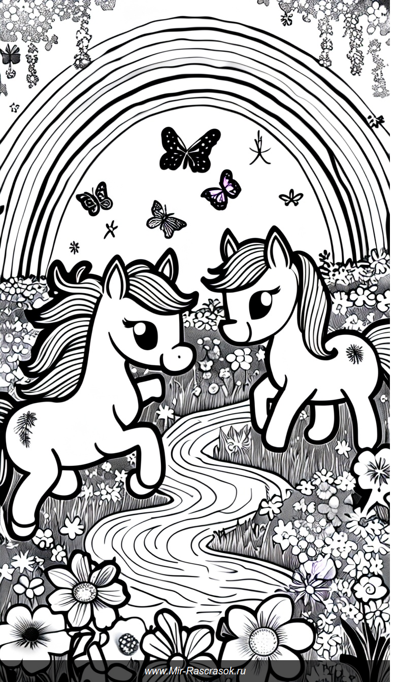 Раскраска с милыми пони в волшебной лужайке среди цветов и радуги