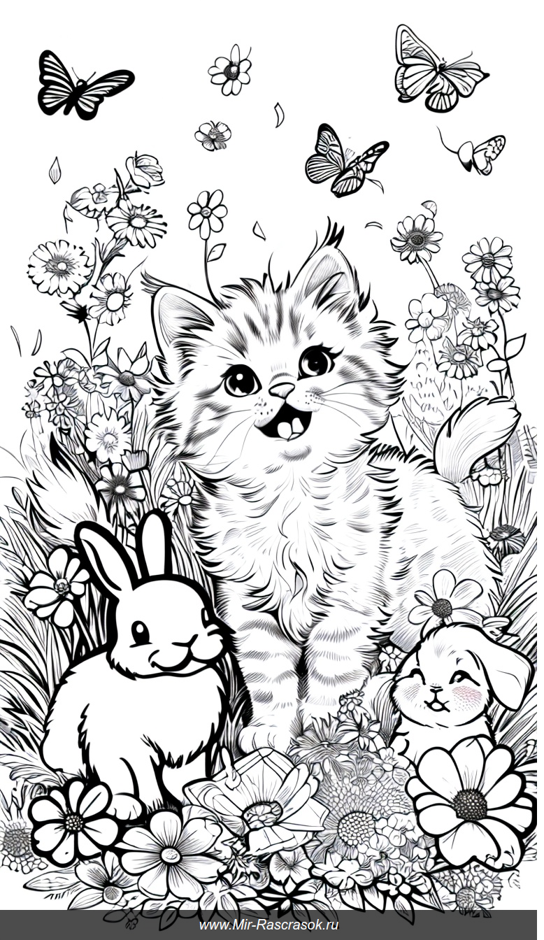 Раскраска с милыми животными в саду цветы бабочки котенок щенок заяц птица