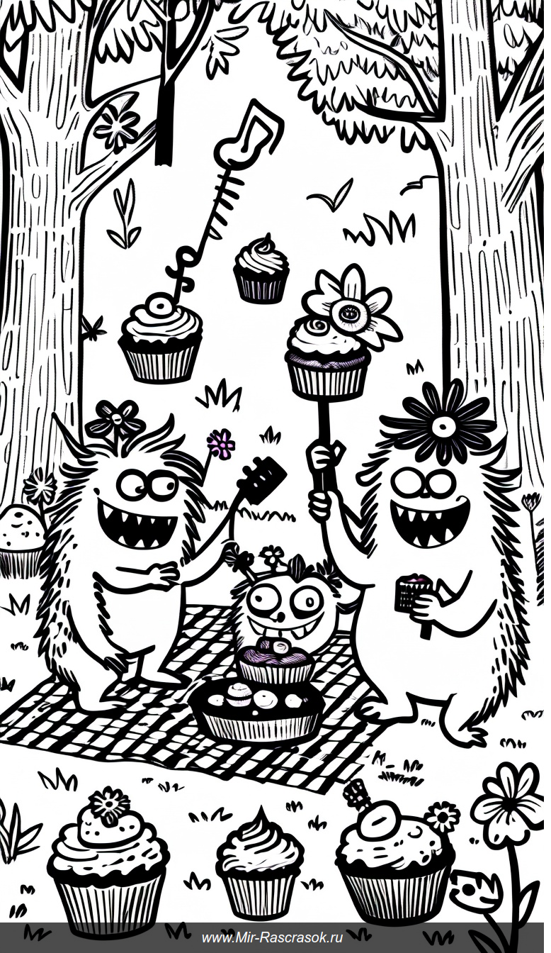 Весёлые монстры на пикнике в волшебном лесу