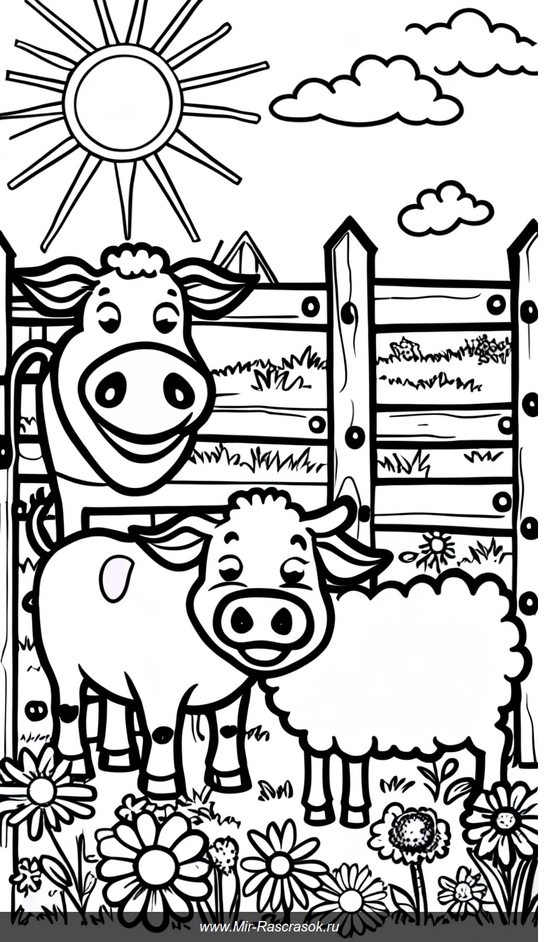 Раскраска с веселыми домашними животными на ферме под ярким солнцем