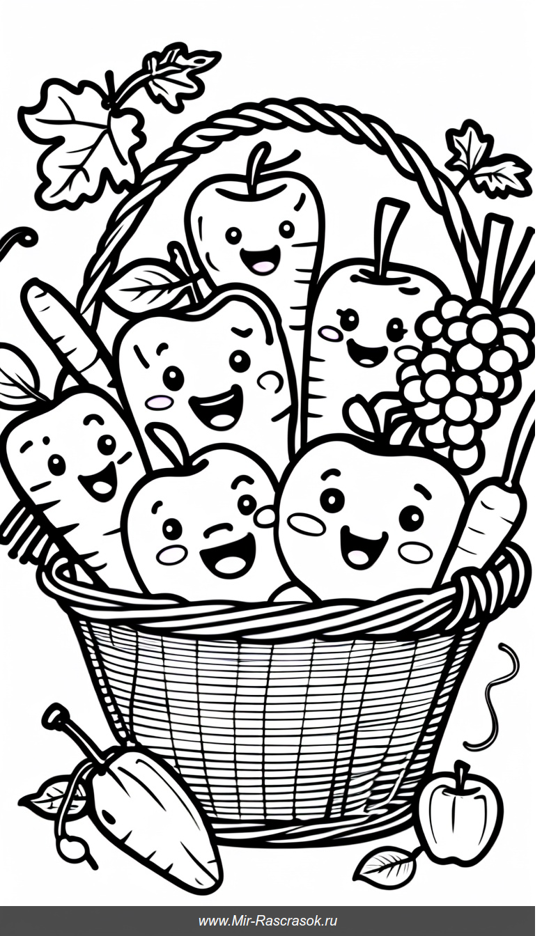 Веселая корзина с улыбающимися фруктами и овощами для раскраски