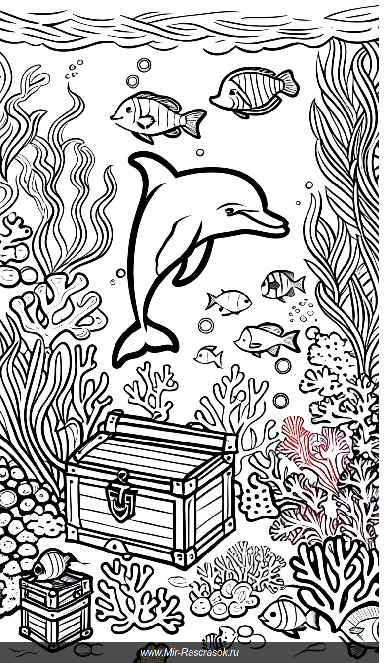 Раскраска подводного мира с дельфином кораллами рыбой и черепахой