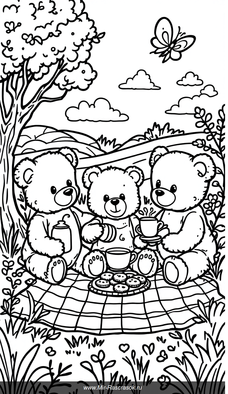 Весёлый пикник медвежат раскраска для малышей