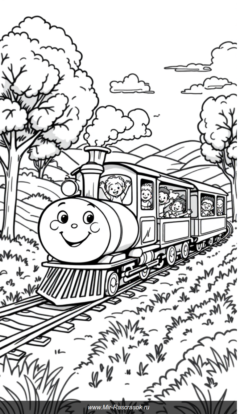Весёлый поезд в сказочной деревне книжка-раскраска для малышей