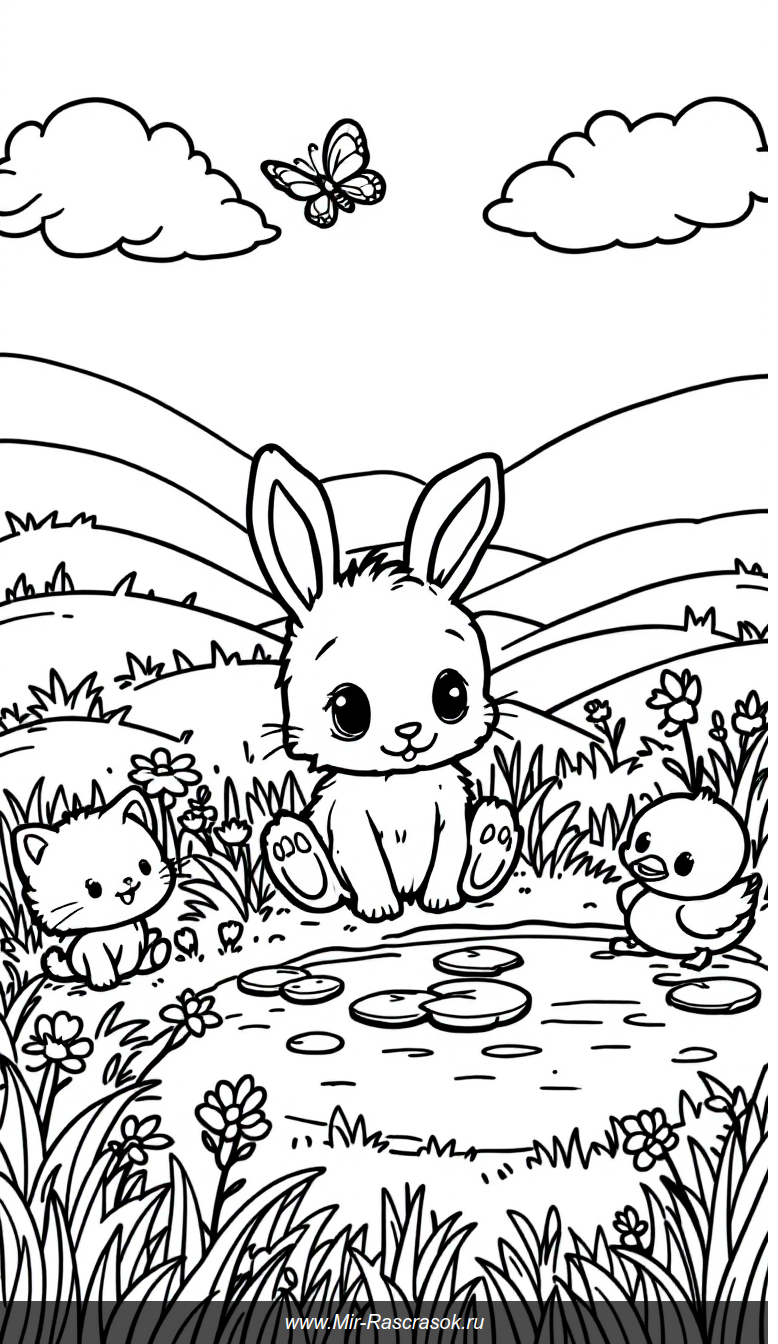 Забавные зверята на солнечной поляне для детской раскраски