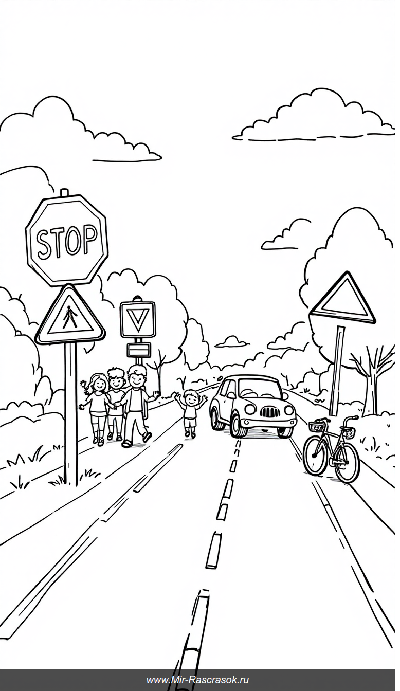 Веселая раскраска для детей с дорожными знаками и семейной прогулкой