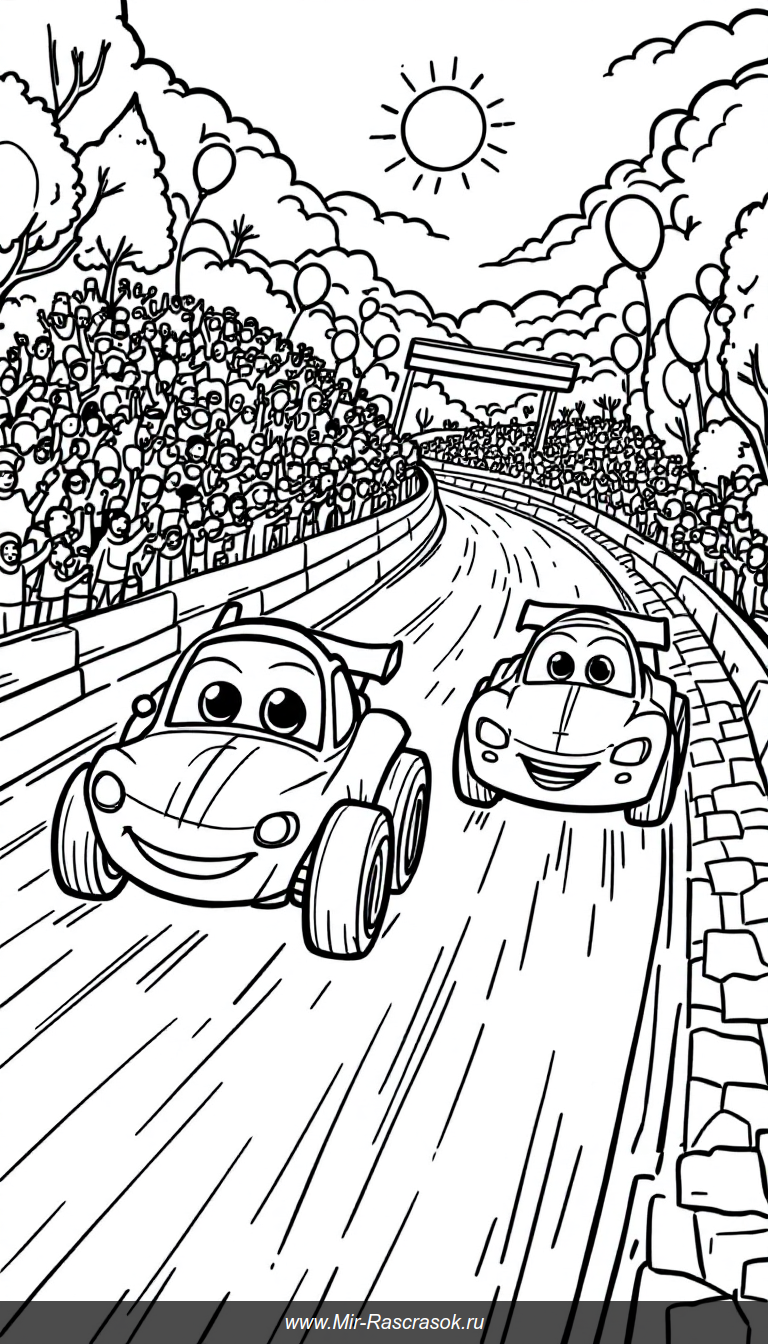 Веселая гоночная раскраска с дружелюбными машинами для детей