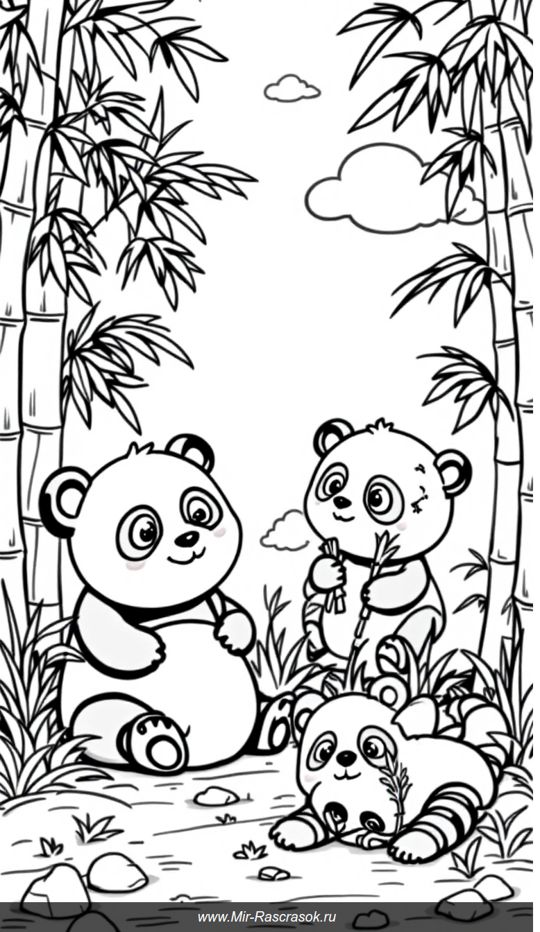 Весёлые панды в бамбуковом лесу раскраска для детей