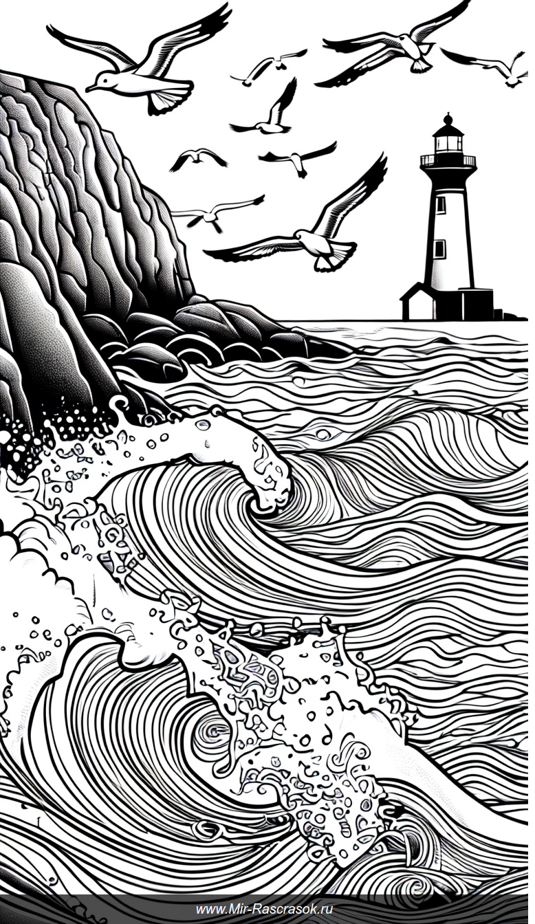 Книжка-раскраска волны океана скалы чайки маяк для творчества