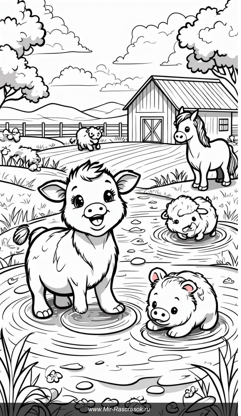Раскраска радостной фермы с улыбчивыми животными