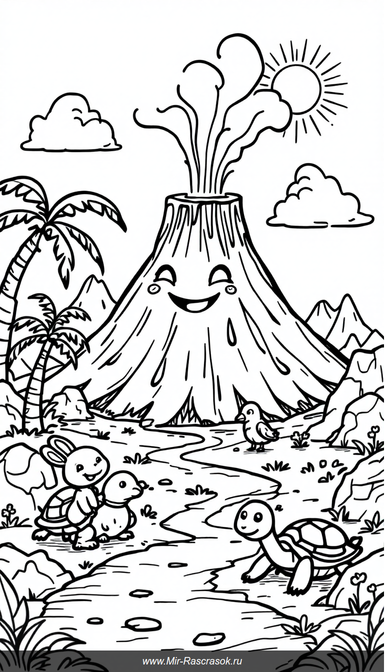 Веселое приключение у улыбающегося вулкана раскраска для детей