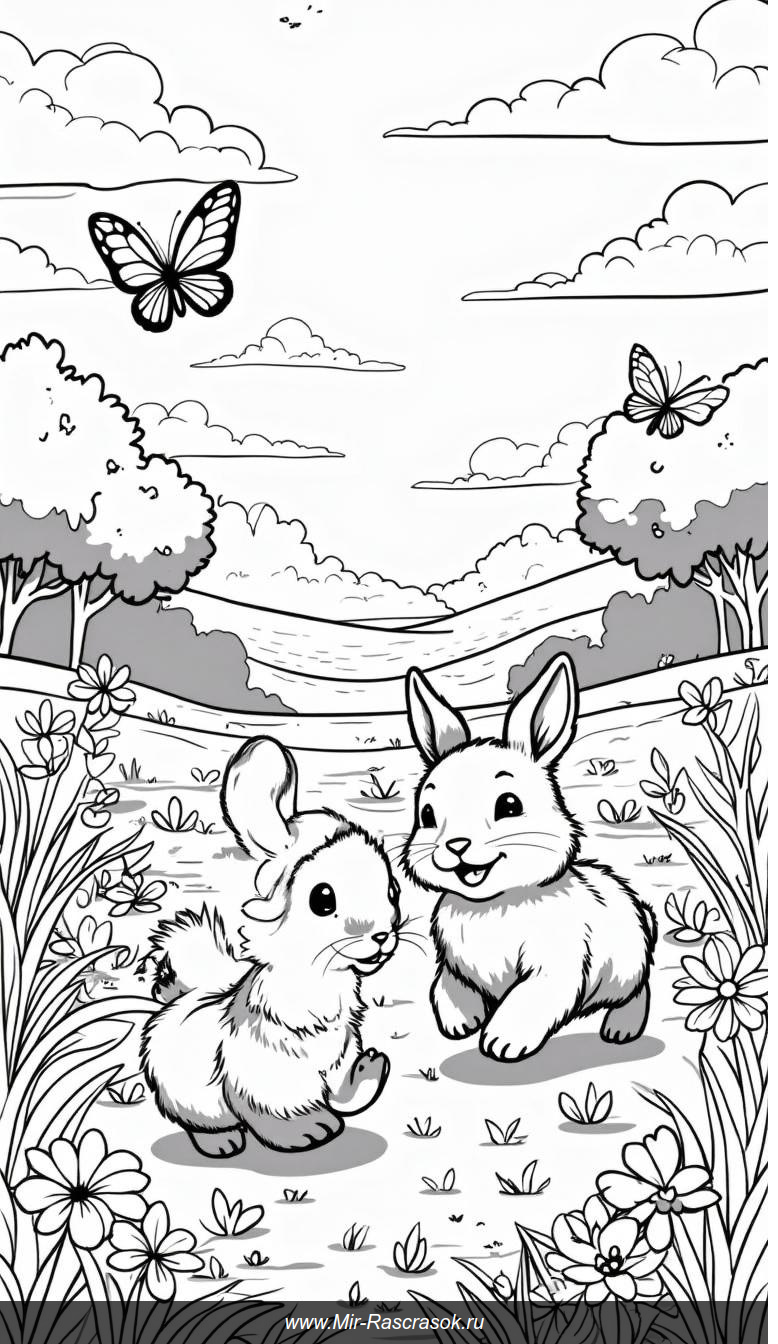 Раскраска Прекрасное Луга с Игривыми Кроликами и Бабочками