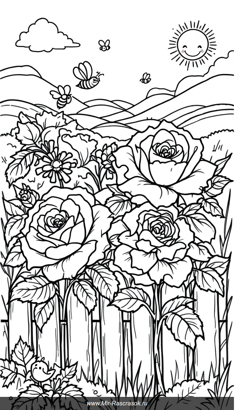 Раскраска для детей Сад с розами пчелами и бабочками