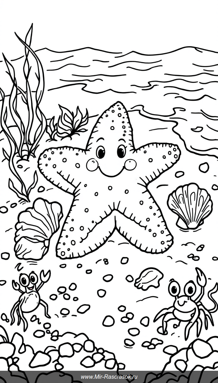 Морские звёзды и ракушки для раскраски детям
