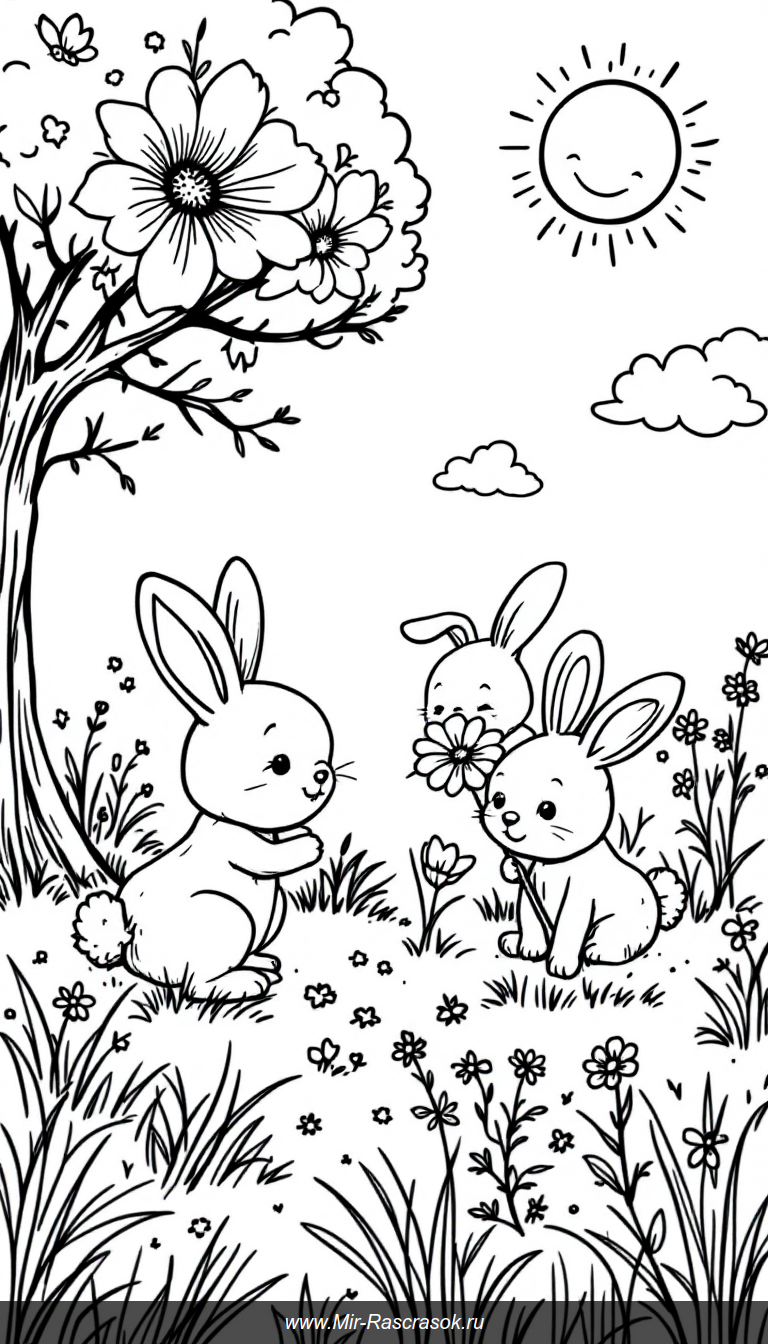 Веселые зайчата на солнечной поляне для детской раскраски