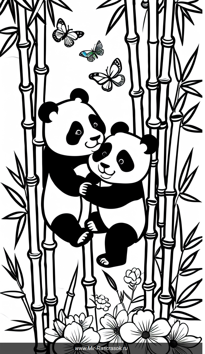 Раскраска с двумя игривыми пандами на бамбуковой ветке среди бабочек