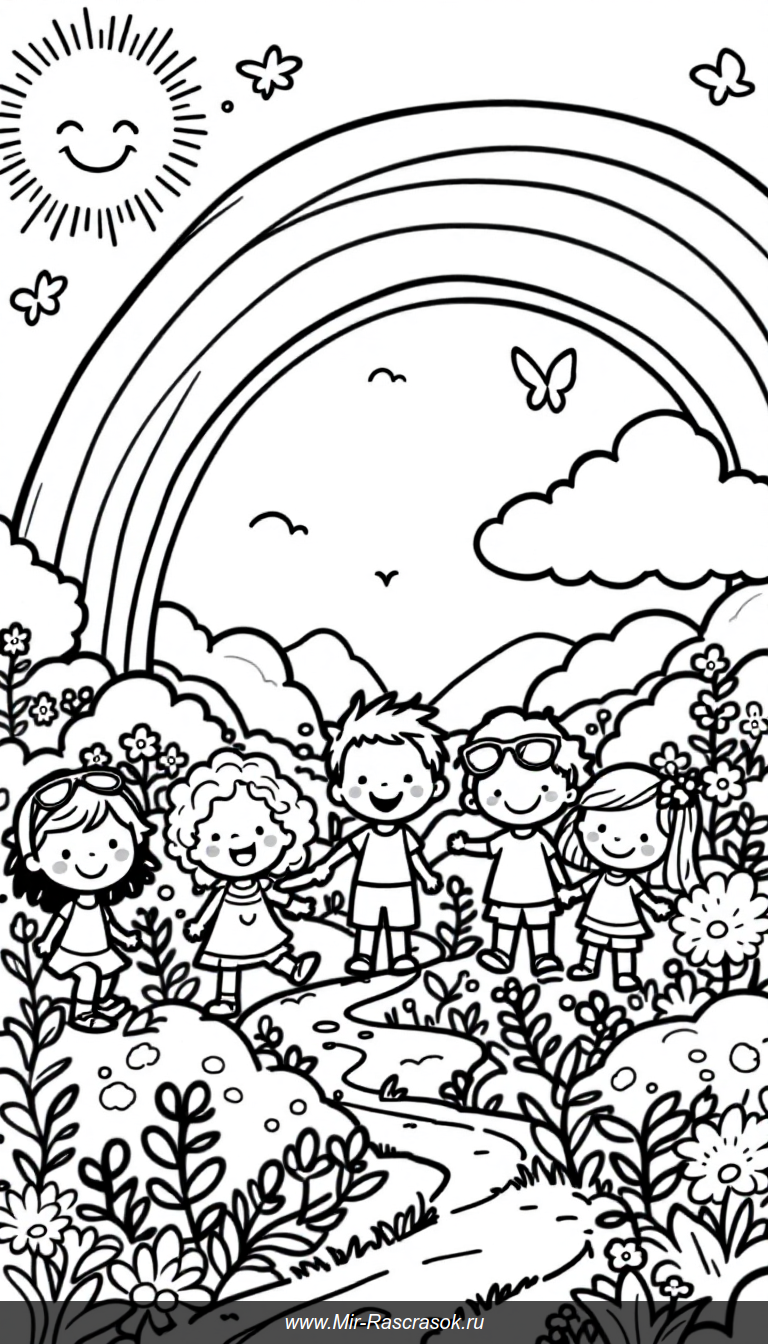 Весёлый раскрасочный мир счастья с радугой и играющими детьми