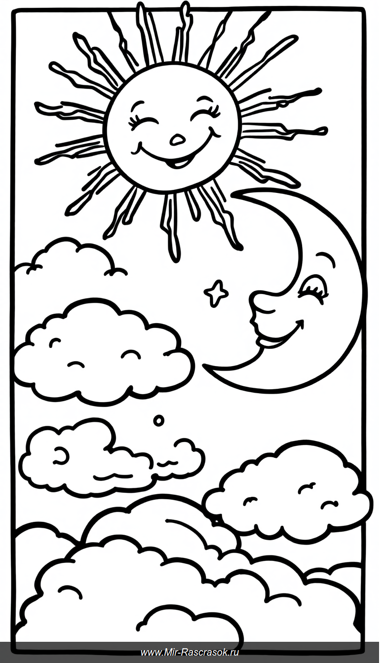 Раскраска с солнцем луной и облаками для маленьких художников