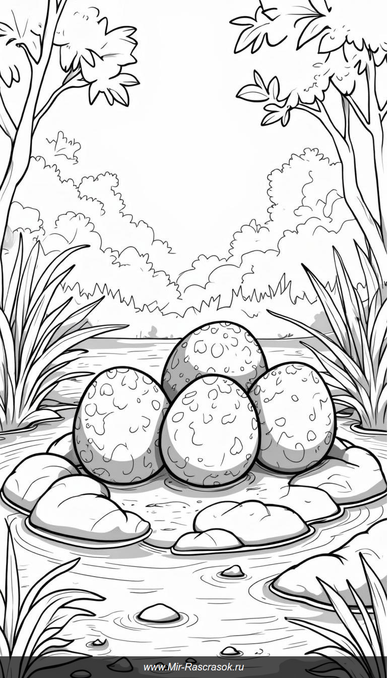 Три яйца динозавров с малышами в раскраске