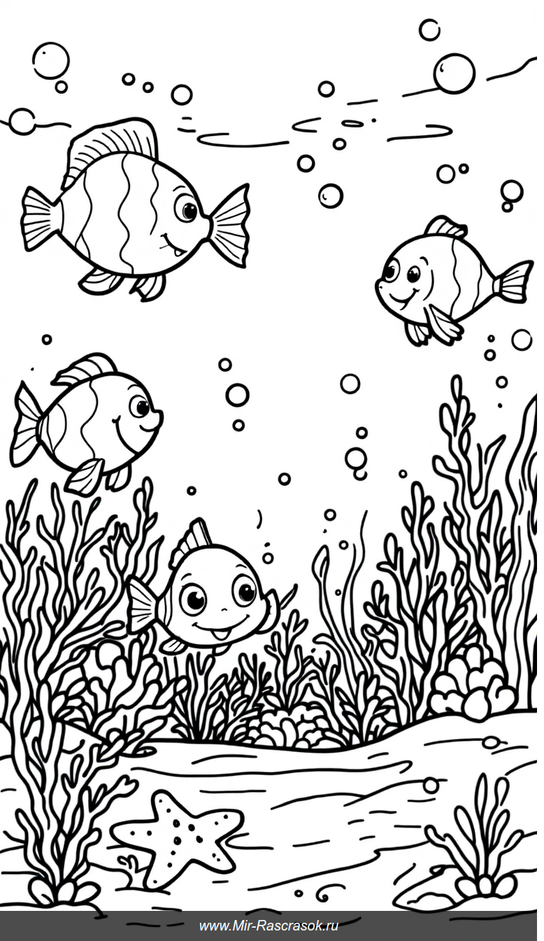 Веселые подводные жители раскраска для детей с улыбчивыми рыбками