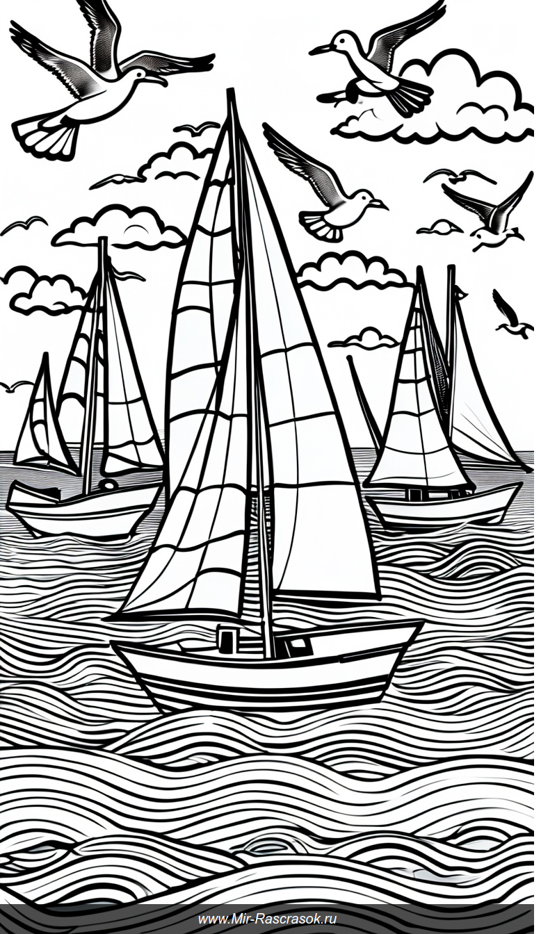Раскраска с парусниками на спокойном море для творчества и релаксации