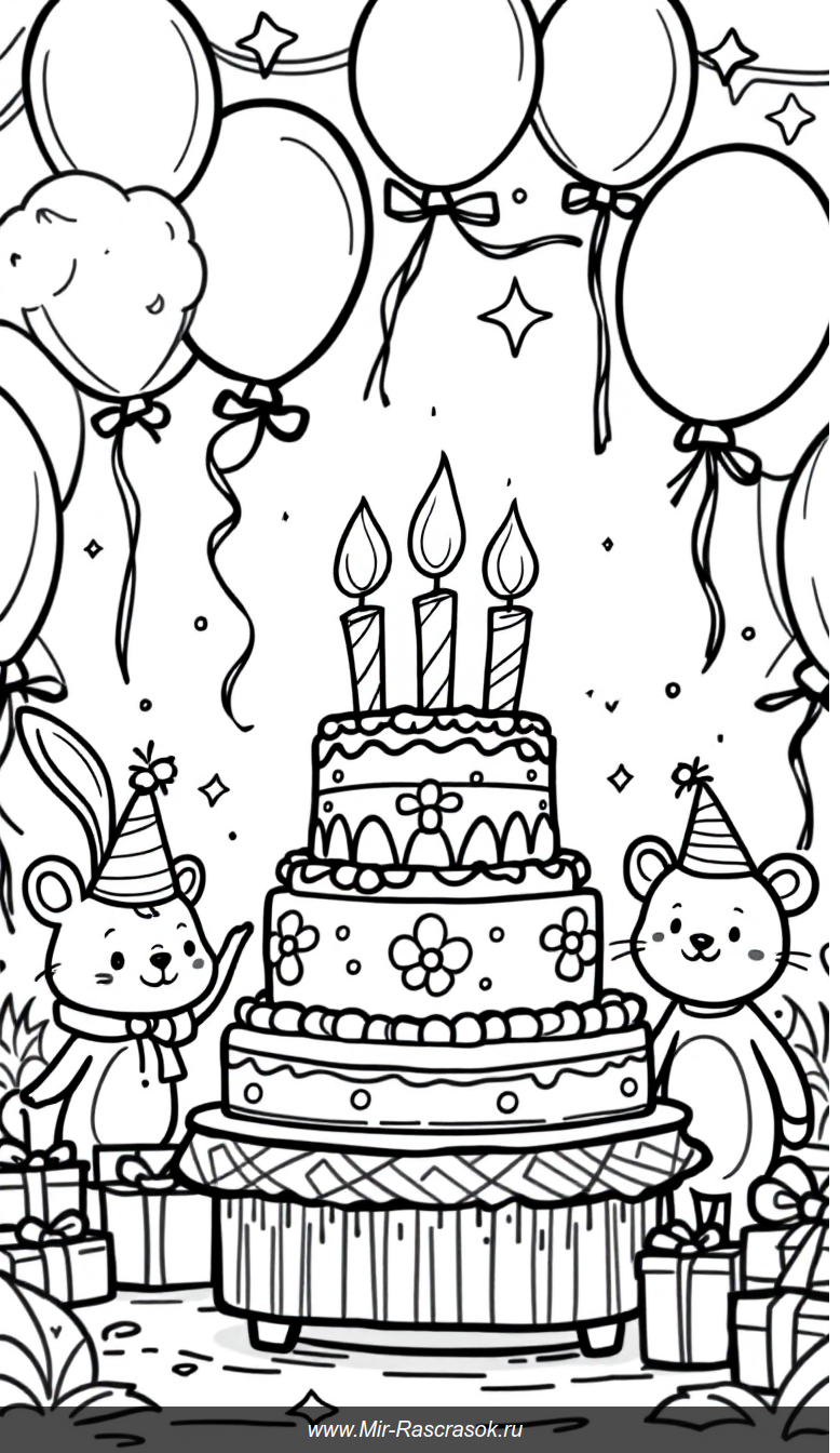 Весёлая раскраска день рождения с животными и праздничным тортом