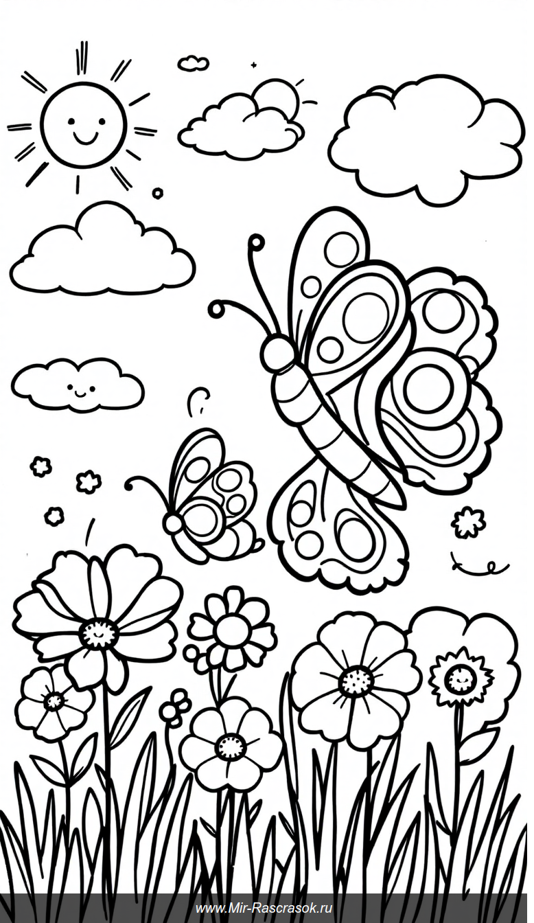 Раскраска для детей радостные бабочки в саду с простыми цветами