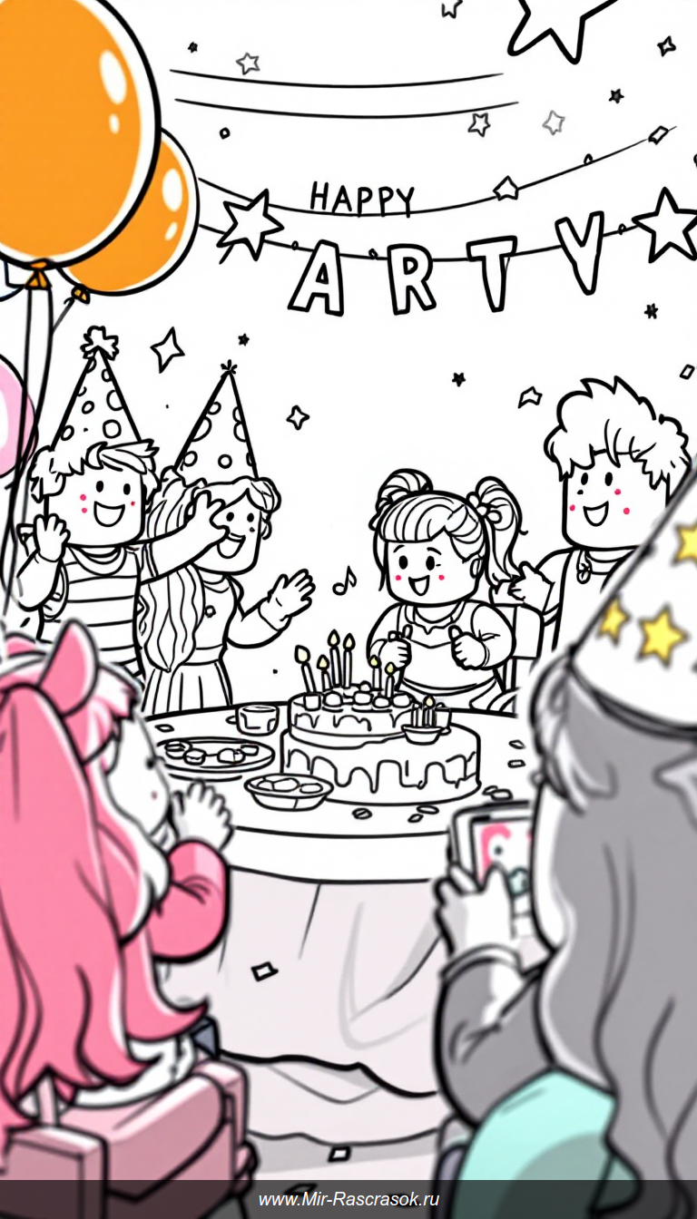 Погрузитесь в радостный мир Roblox с раскраской веселой вечеринки Robloxians 🎉 Здесь дети могут раскрасить дружелюбных персонажей, воздушные шары 🎈 и праздничный торт 🎂 Отличный способ развить творчество и весело провести время дома или в школе 🌟