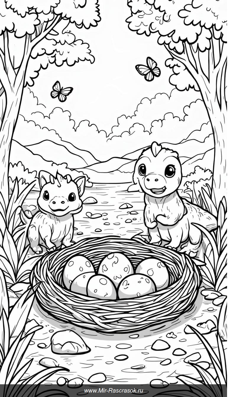 Динозавры и бабочки в волшебном мире раскраски