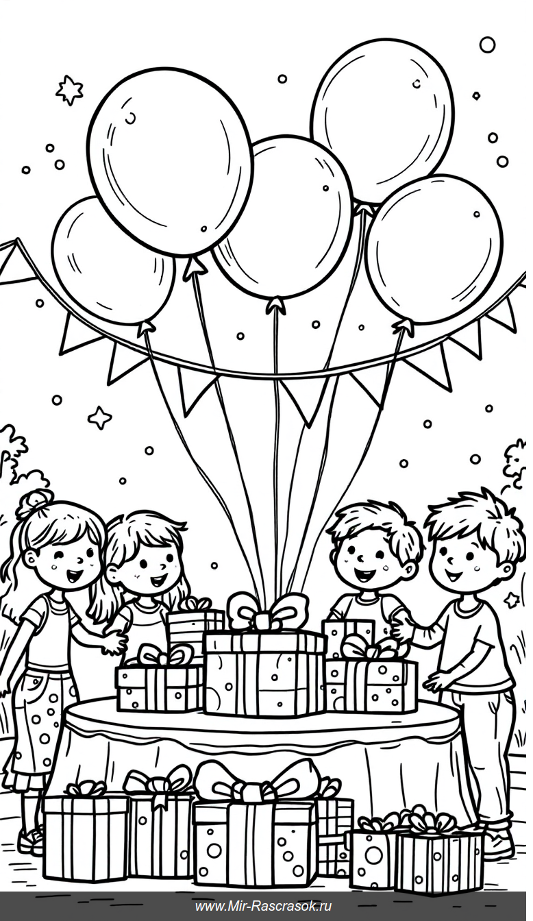 Веселый праздник рождения для раскрашивания детям