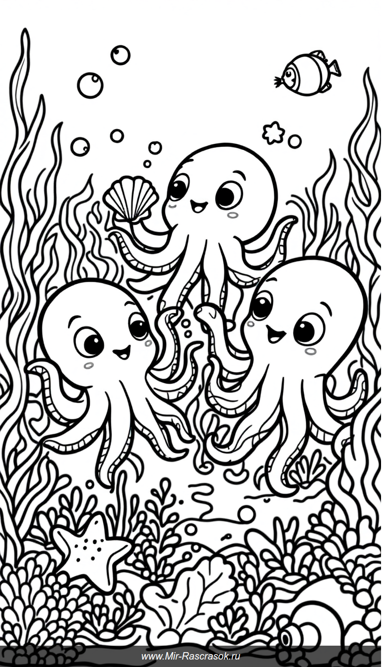 Веселые осьминожки и морские друзья в раскраске для детей