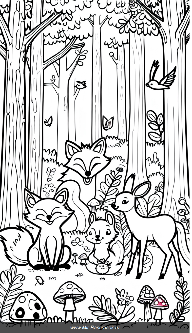 Весёлая лесная раскраска с дружелюбными животными
