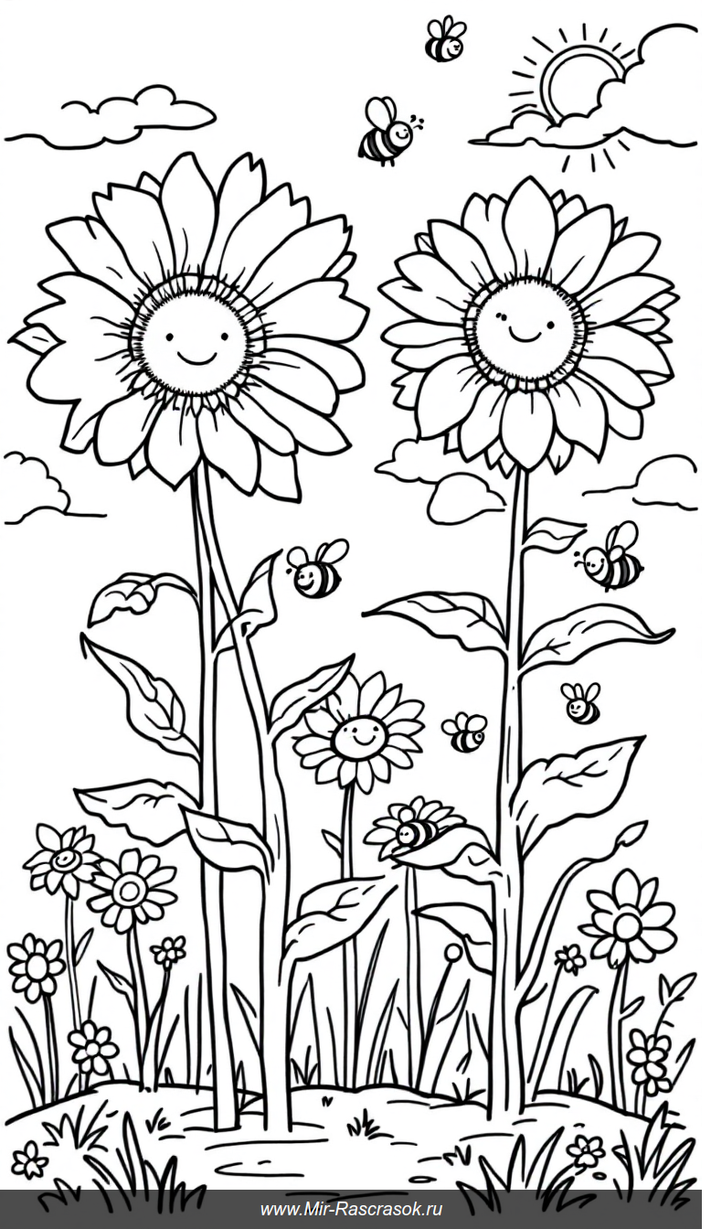 Радостный сад с подсолнухами и пчёлами для детской раскраски