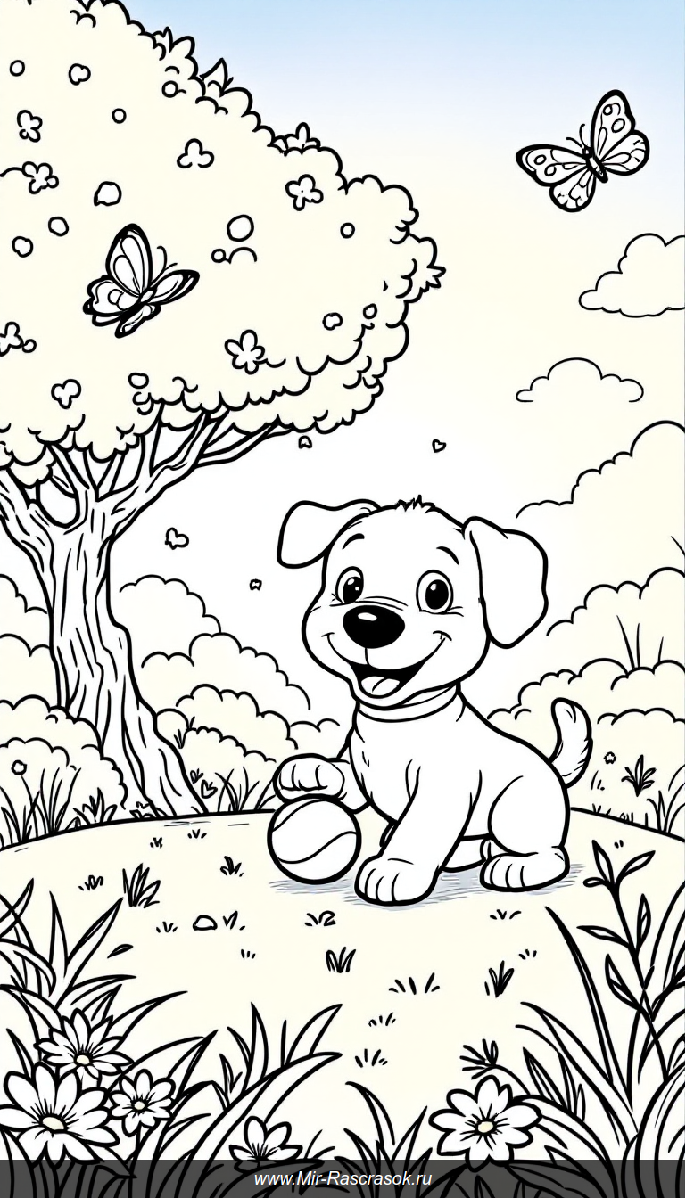 Веселый щенок играет в парке Раскраска для детей