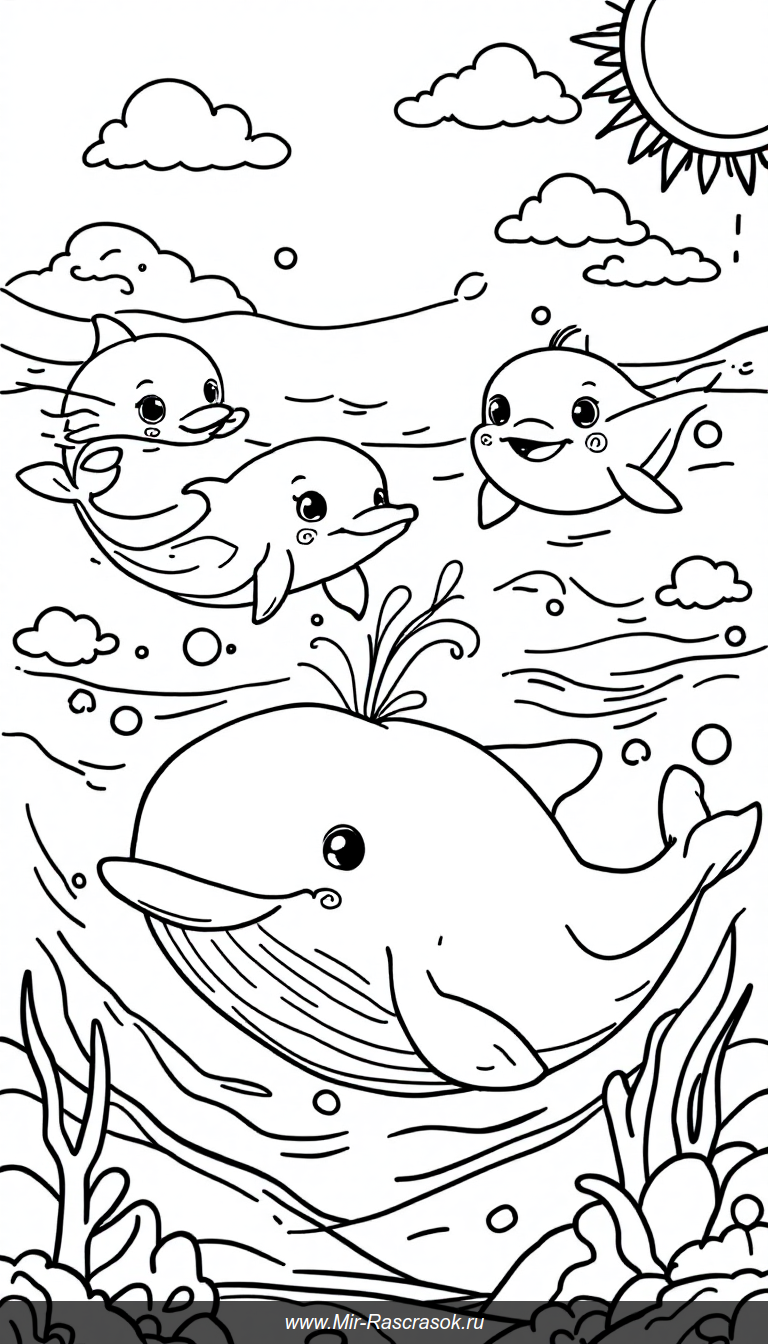 Игры с дельфинами и китами Раскраска для лёгкого и радостного творчества