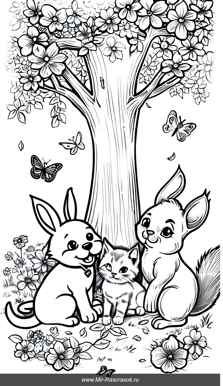 Раскраска с милыми друзьями под большим деревом