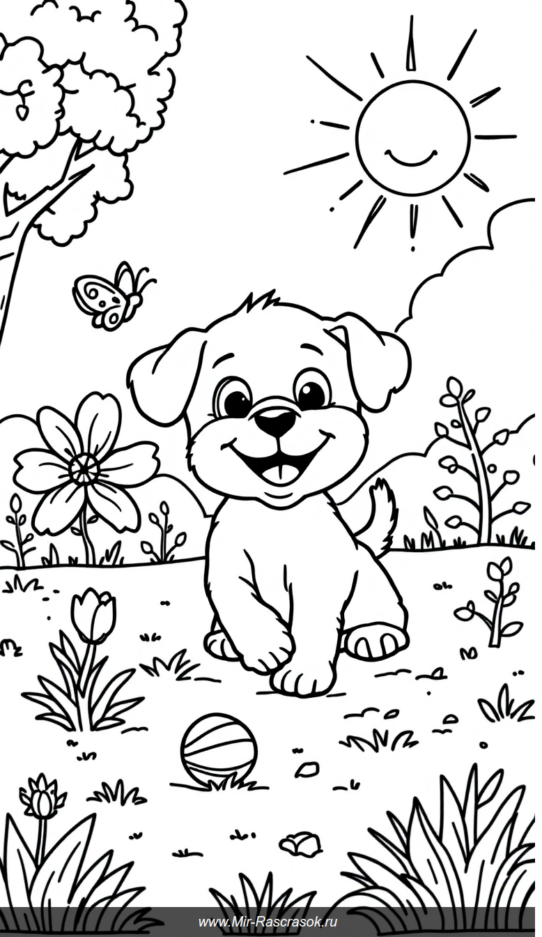 Весёлый щенок в солнечном парке раскраска для детей