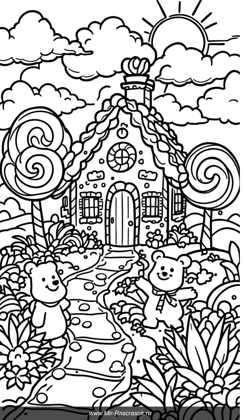 Волшебный мир конфет: раскраска с пряничным домиком и друзьями